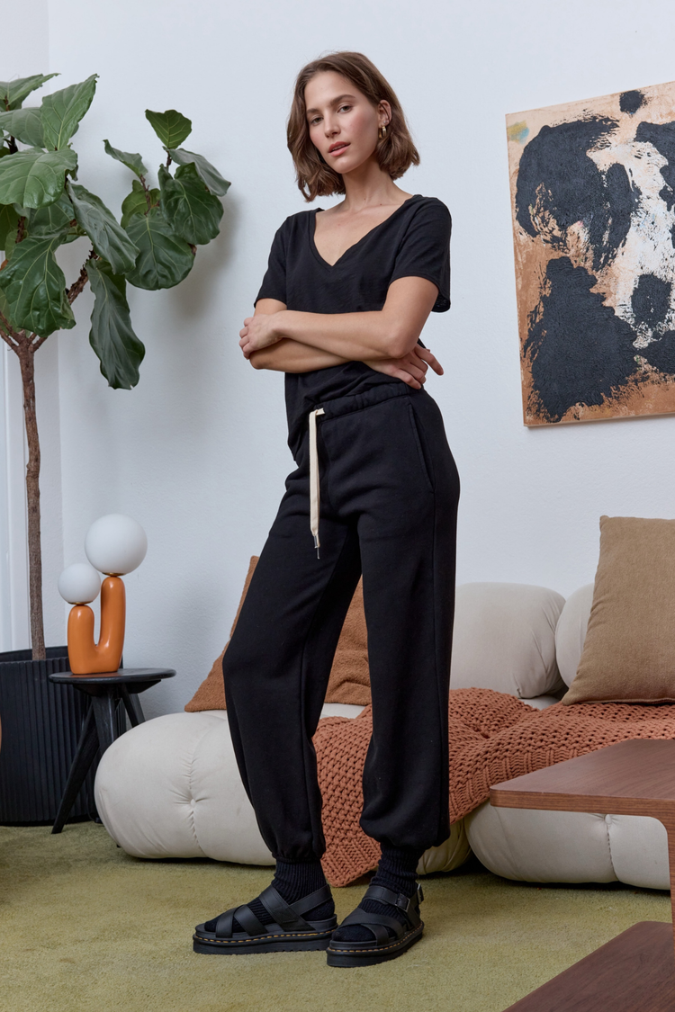 NSF Layla Relaxed V Neck Slub Jersey Tee - Black