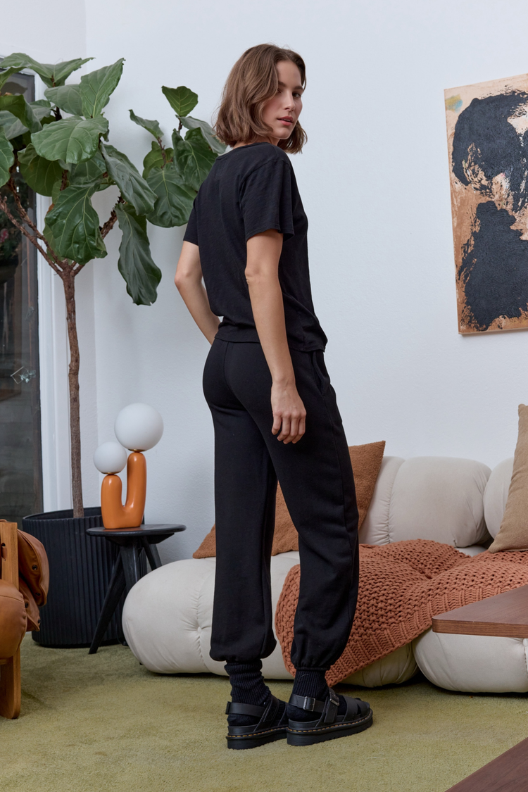 NSF Layla Relaxed V Neck Slub Jersey Tee - Black