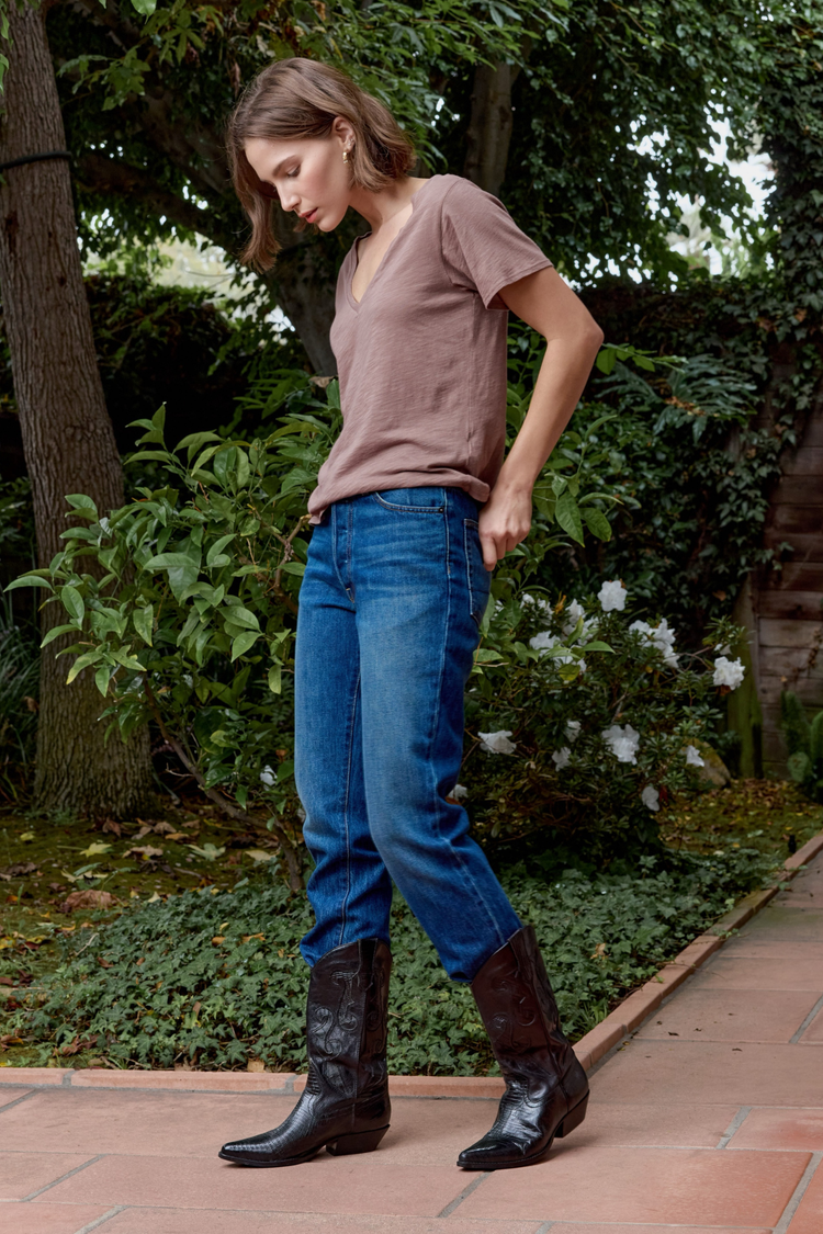 NSF Layla Relaxed V Neck Slub Jersey Tee - Deep Taupe