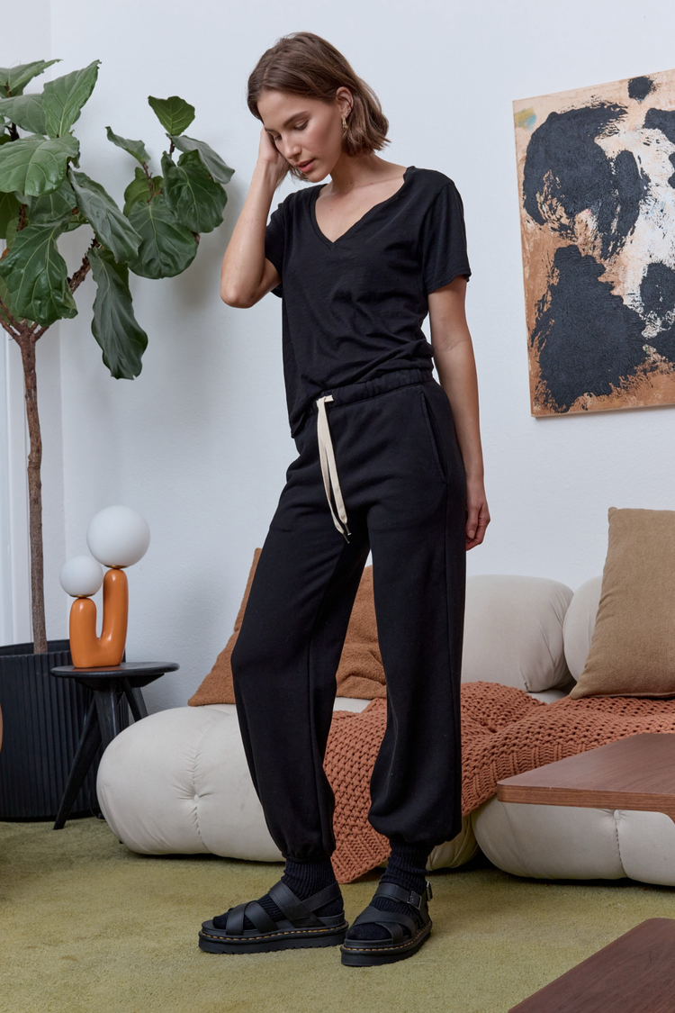 NSF Layla Relaxed V Neck Slub Jersey Tee - Black