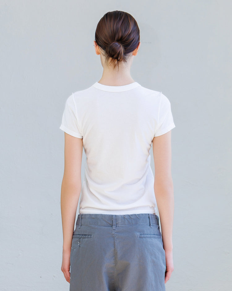 Alessi Fine Jersey Tee - Pearl, back view of a woman wearing the slim fit lightweight cotton t-shirt.