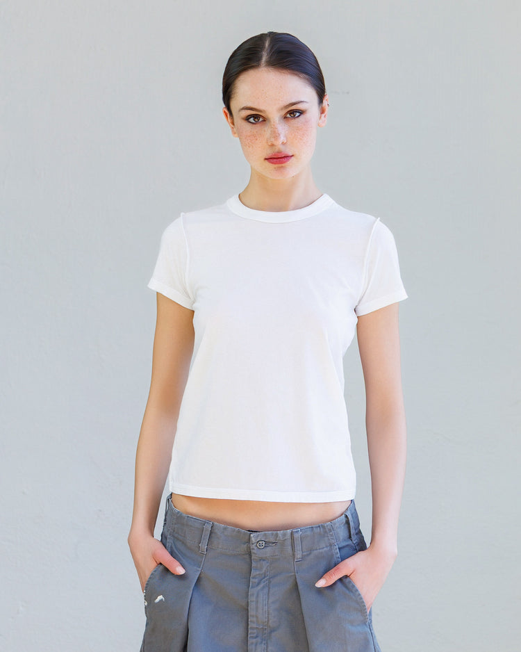 Alessi Fine Jersey Tee - Pearl worn by model, featuring a clean crew neckline and slim fit.