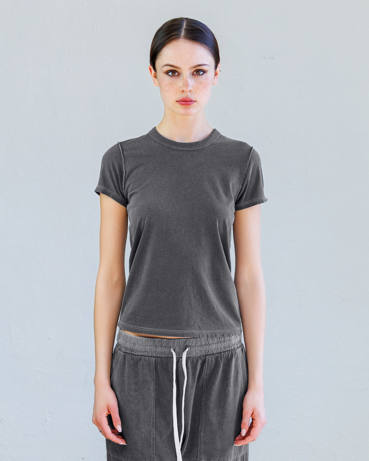 Alessi Fine Jersey Tee - Aged Black displayed on a model, featuring a slim fit and soft cotton fabric.