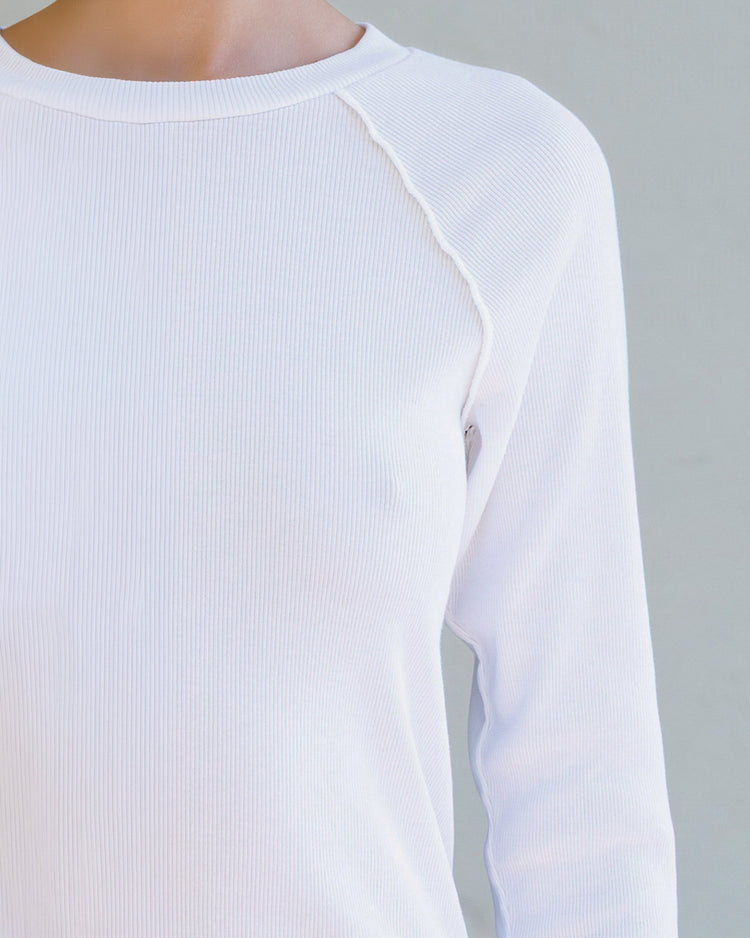 Aria Rib Raglan Tee- Pearl close-up view of soft ribbed fabric and bracelet-length sleeves.