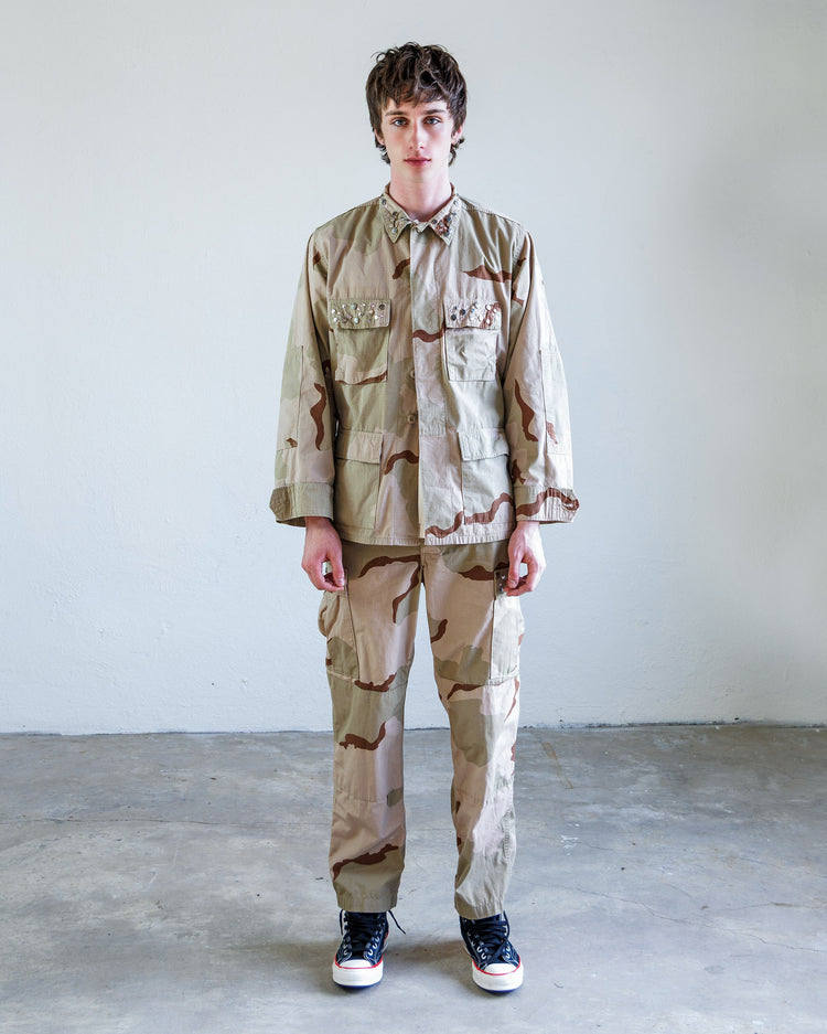 Scout Studded Twill Unisex Cargo Pant - Desert worn with matching military-style shirt on a model.
