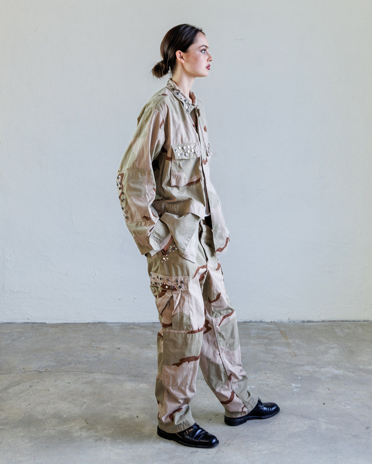 Scout Studded Twill Unisex Cargo Pant - Desert worn by a model showcasing its straight leg silhouette and six pocket design.