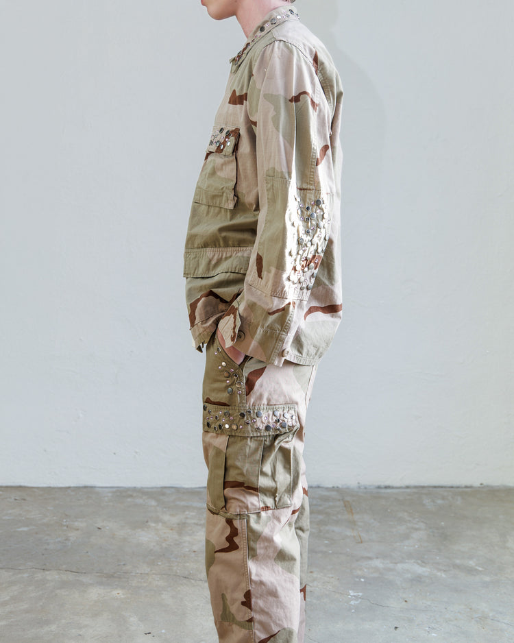 Austin Studded Twill BDU Unisex Jacket - Desert side view showcasing stylish design and military-inspired details.