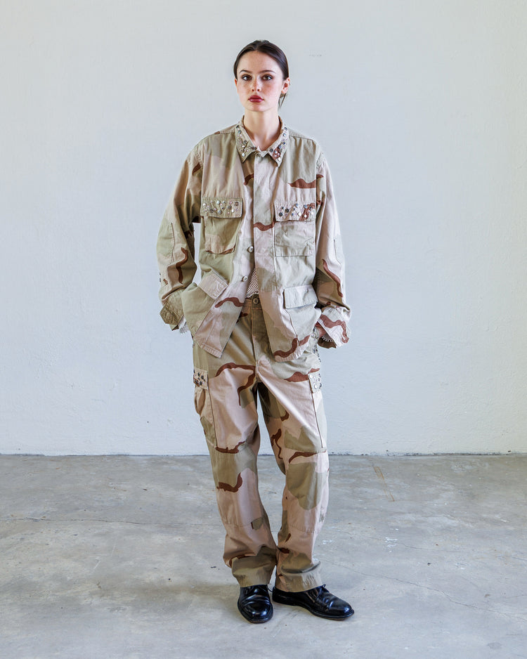 Scout Studded Twill Unisex Cargo Pant - Desert worn by model in military-style setting.