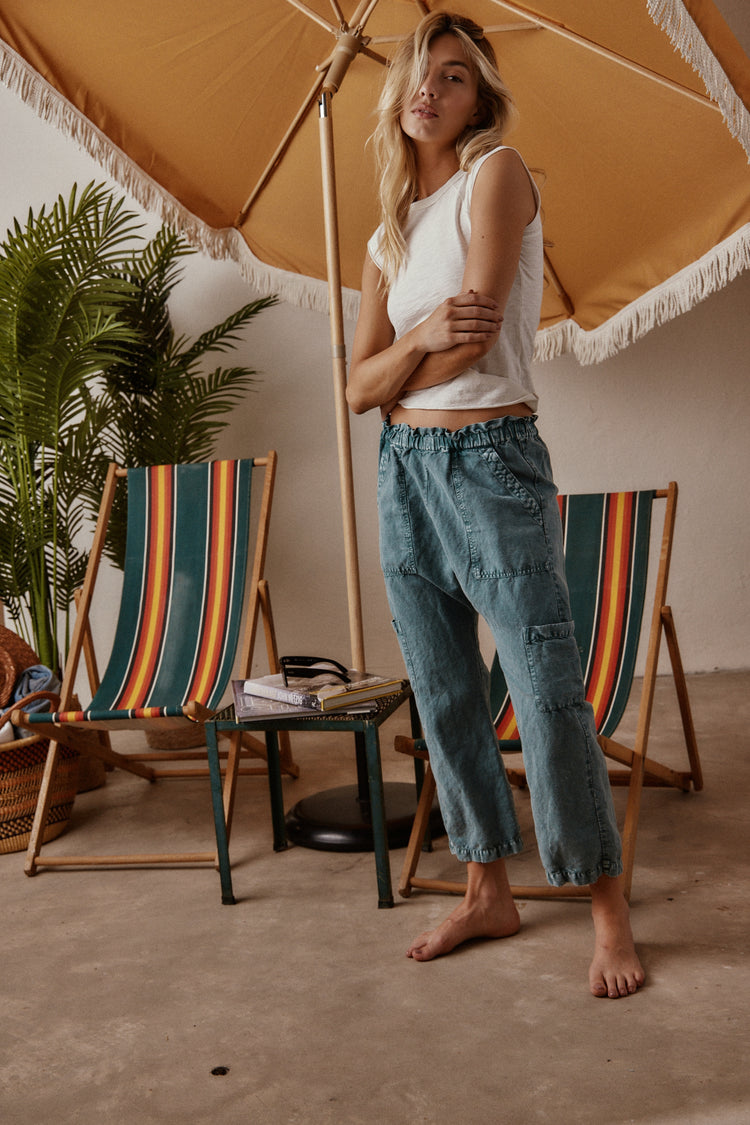 NSF Women's Shailey Paperbag Pant – Teal Perlite Dyed Linen Cotton NSF Women's Shailey Paperbag Pant – Teal Perlite Dyed Linen Cotton