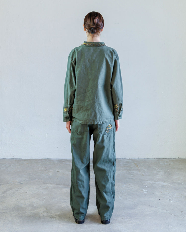 Wells Studded Sateen Women's Baker Pant - Army shown from the back, showcasing military-inspired detailing.