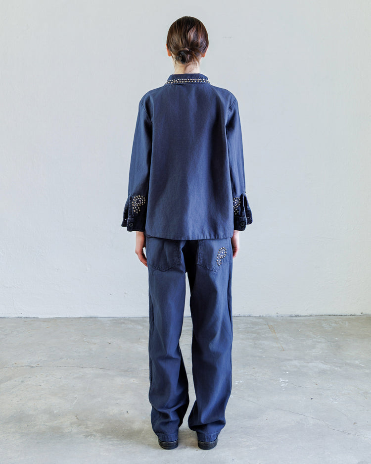 Wells Studded Sateen Women's Baker Pant - Navy paired with a matching top, highlighting decorative stud detailing.