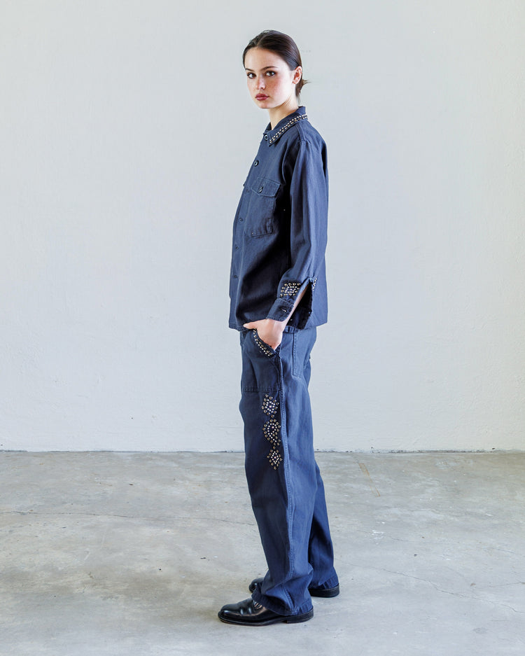 Wells Studded Sateen Women's Baker Pant - Navy styled with matching top, featuring decorative stud details and military-inspired design.