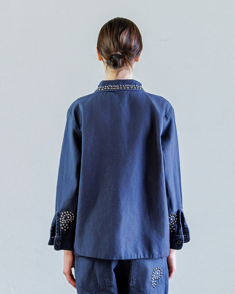 Back view of the Beck Studded Sateen Women's Shirt - Navy showcasing elegant studs and unique detailing.