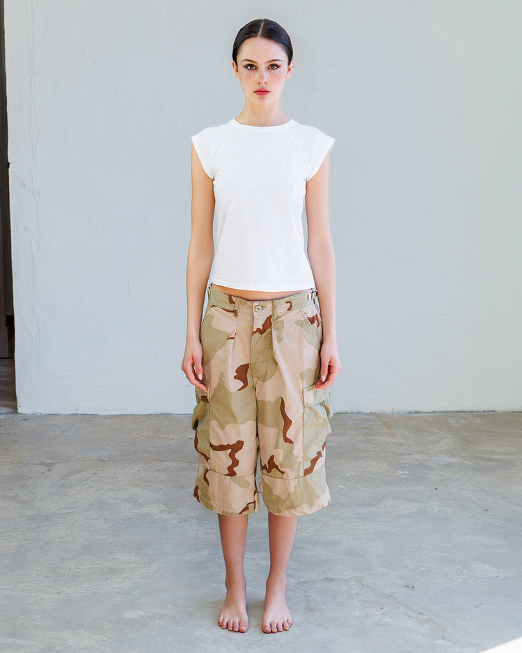 Chloe Slub Jersey Muscle Tee - Pearl worn with camo shorts, showcasing a stylish summer outfit.