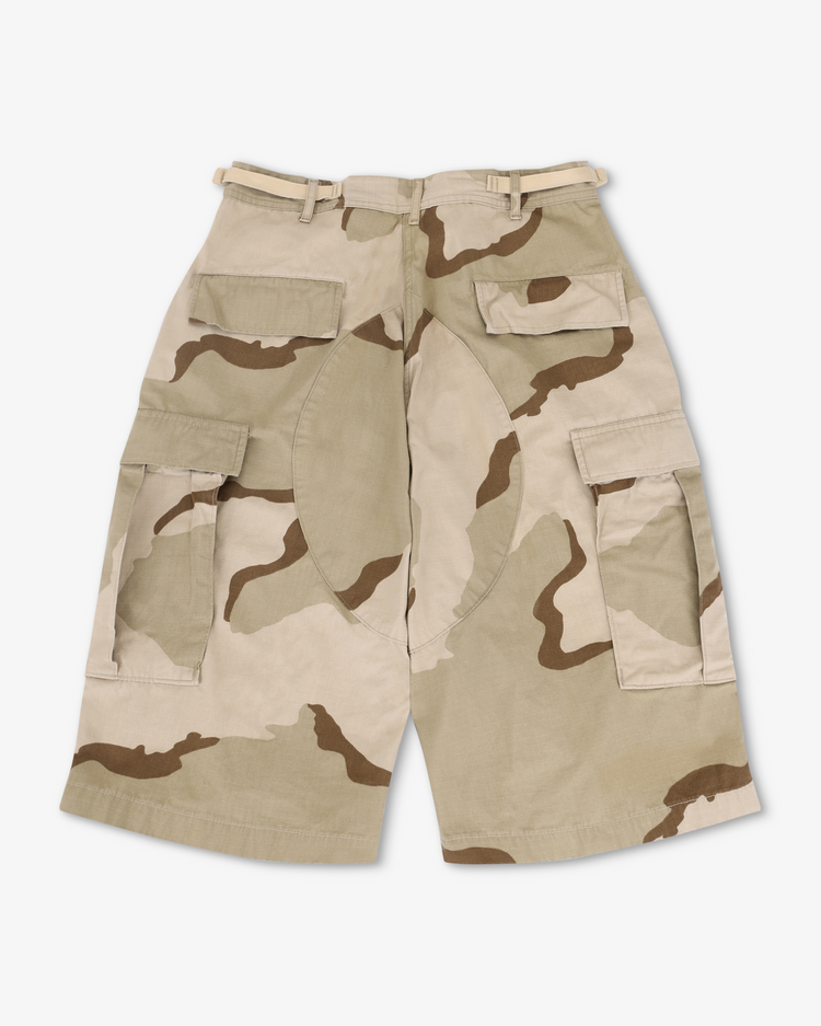 Jesse Twill Unisex Cargo Short - Desert back view showcasing camouflage pattern and pleated details.