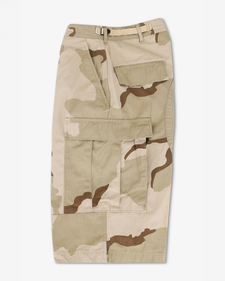 Jesse Twill Unisex Cargo Short - Desert featuring military desert camouflage design and six pocket cargo layout.