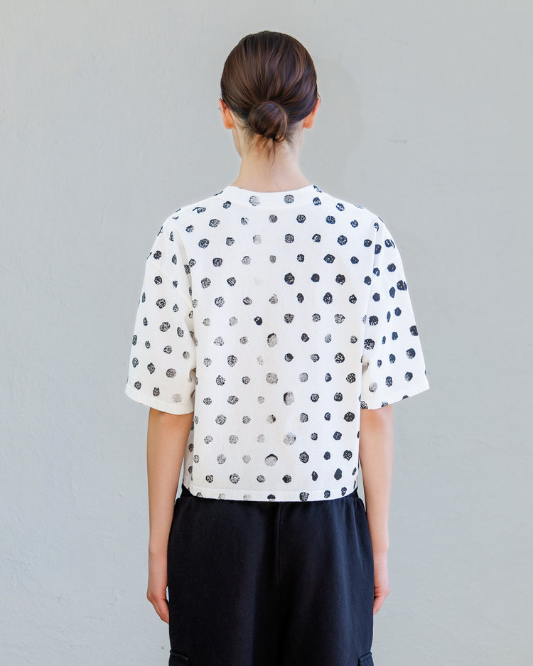 Back view of the Knox Heavy Jersey Tee - Pearl Broken Dot showcasing the unique dot pattern and cropped design.