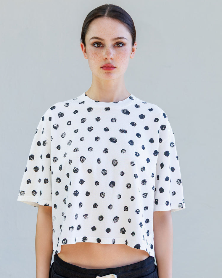Knox Heavy Jersey Tee - Pearl Broken Dot featuring a relaxed cropped body and unique hand printed dot design.