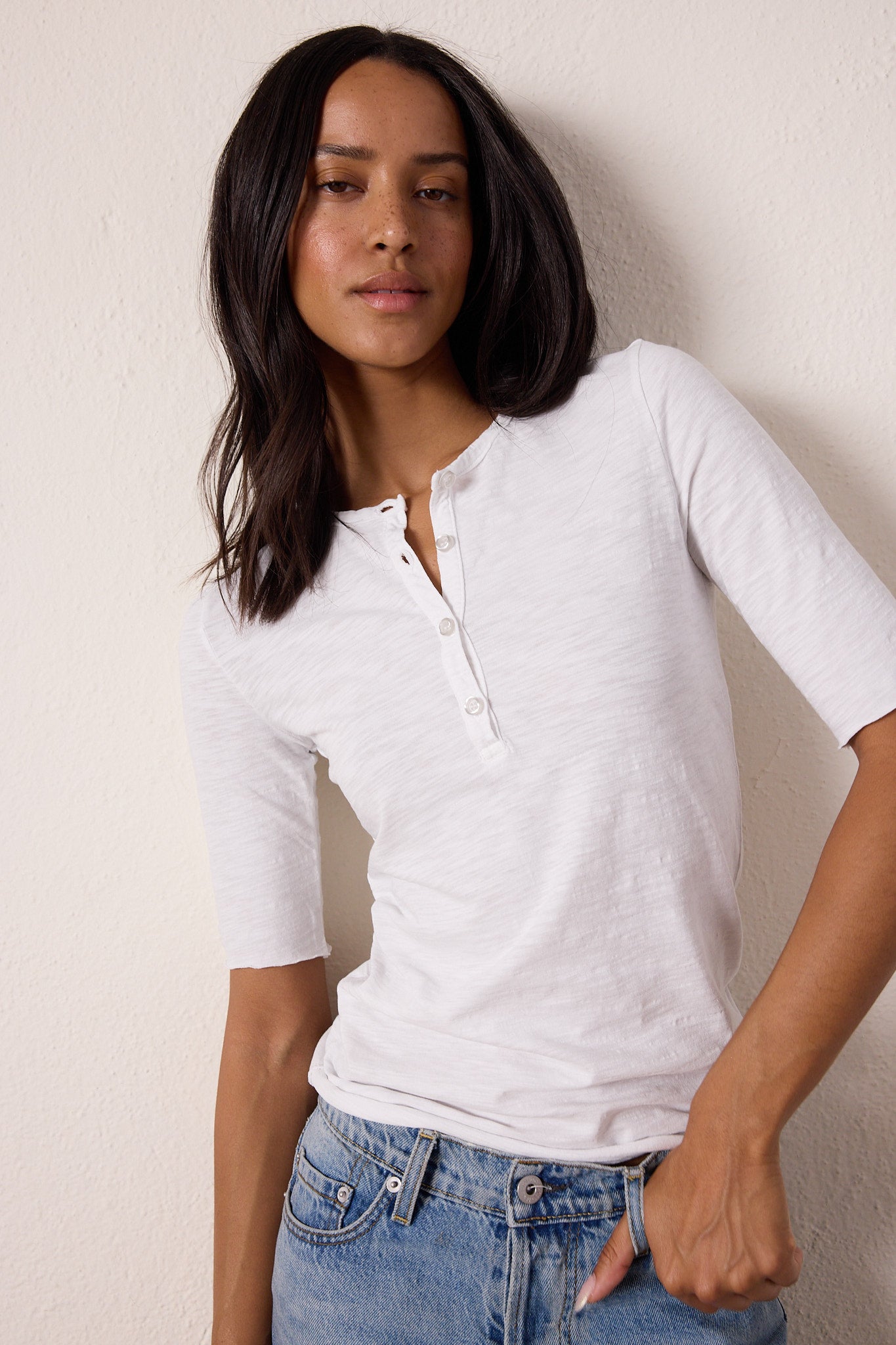 Women's Slub Jersey Henley – Fitted Cotton Half Sleeve Tee | NSF