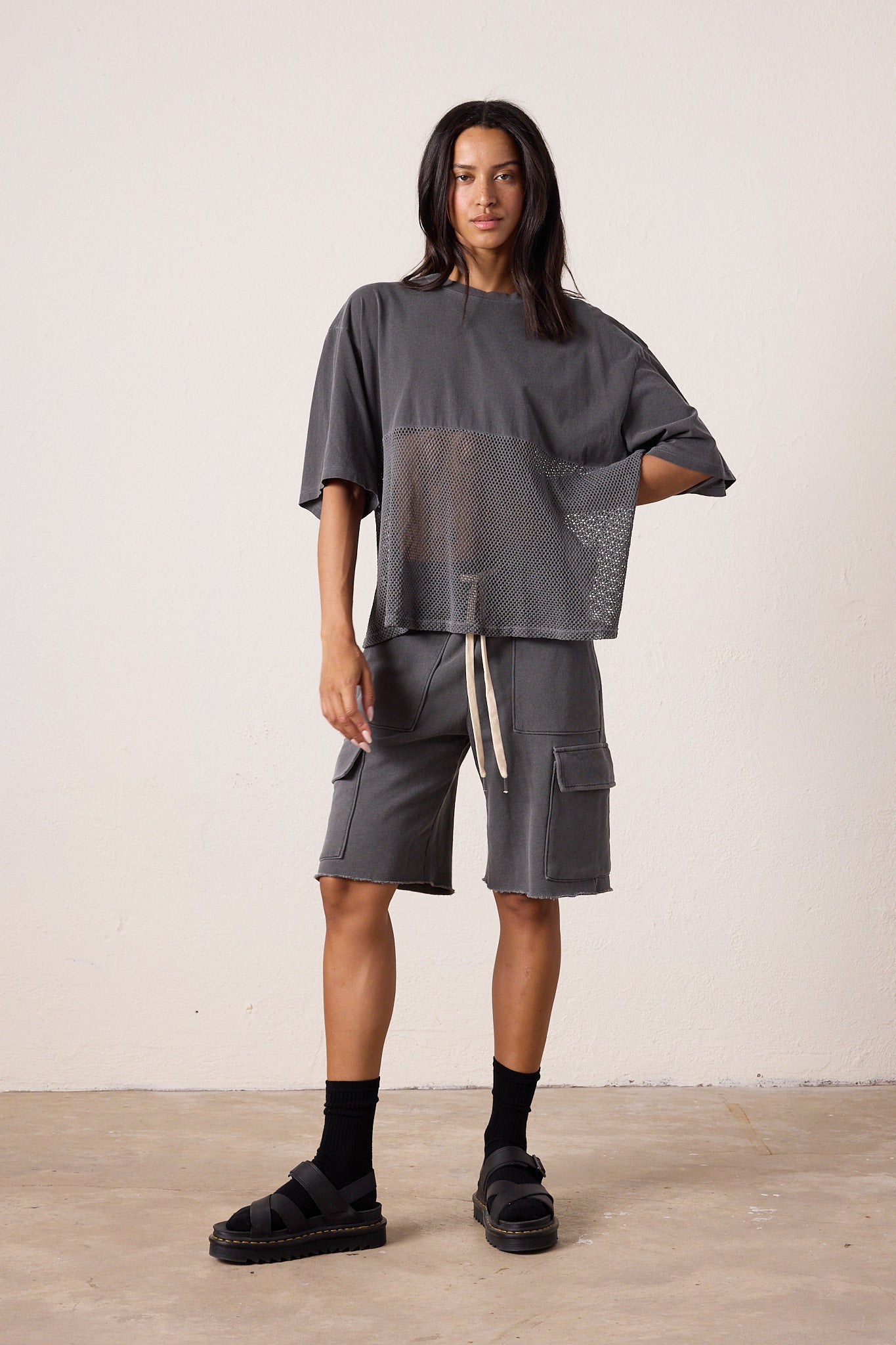 Women's Oversized Mesh Jersey Tee - Faded Black Sporty Cool Top