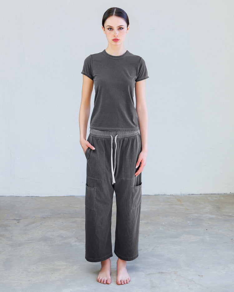 Nova Heavy Jersey Unisex Lounge Pant - Aged Black worn with a matching tee, displayed against a minimalist background.
