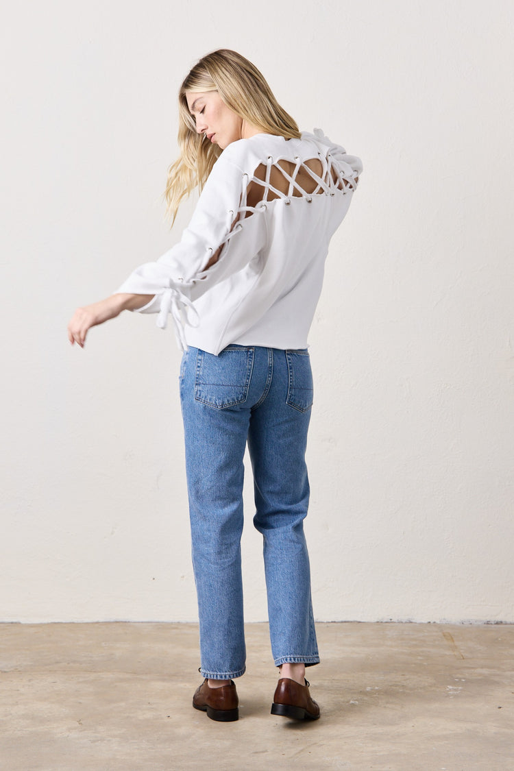 NSF Hendricks Lace Back Cozy Fleece Sweatshirt - White