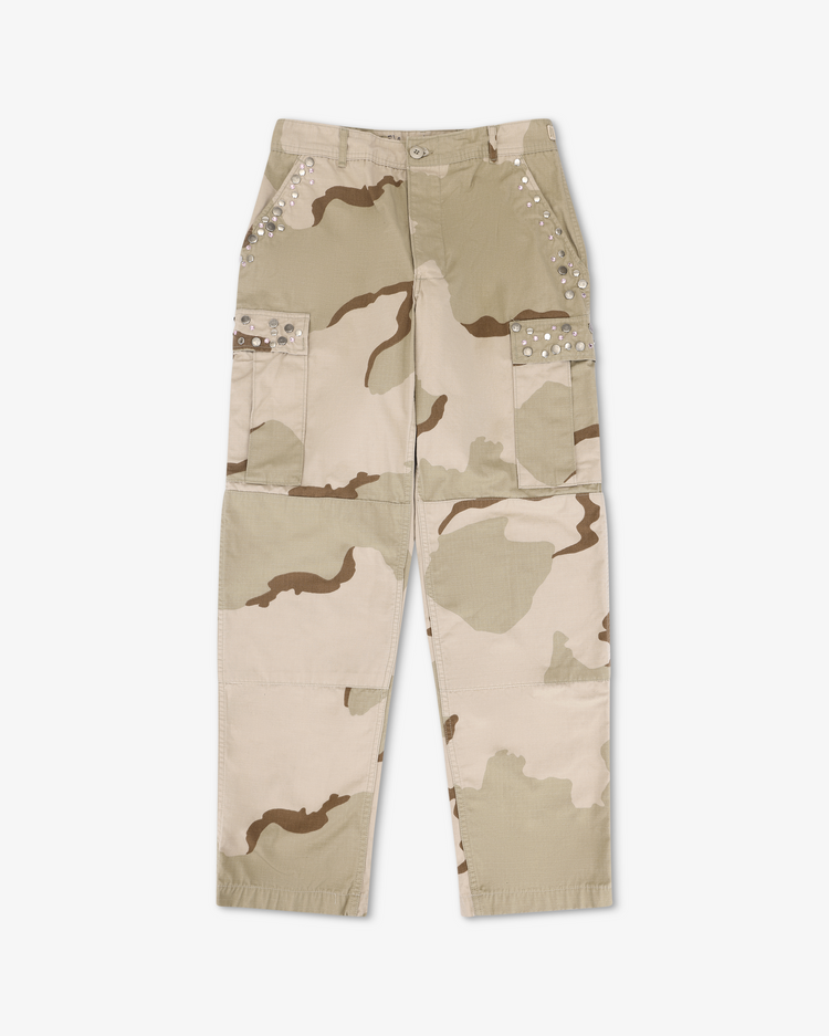 Scout Studded Twill Unisex Cargo Pant - Desert with military camouflage pattern and studded details.