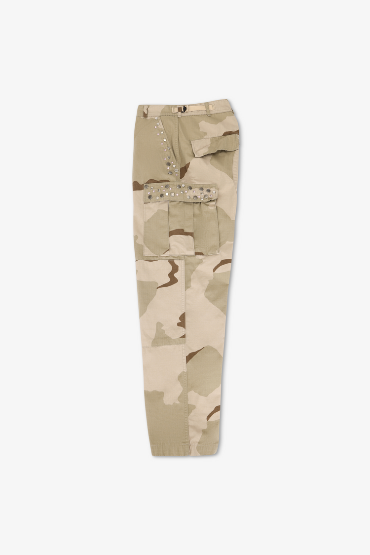 Scout Studded Twill Unisex Cargo Pant - Desert displayed in a straight leg silhouette with military camouflage design.