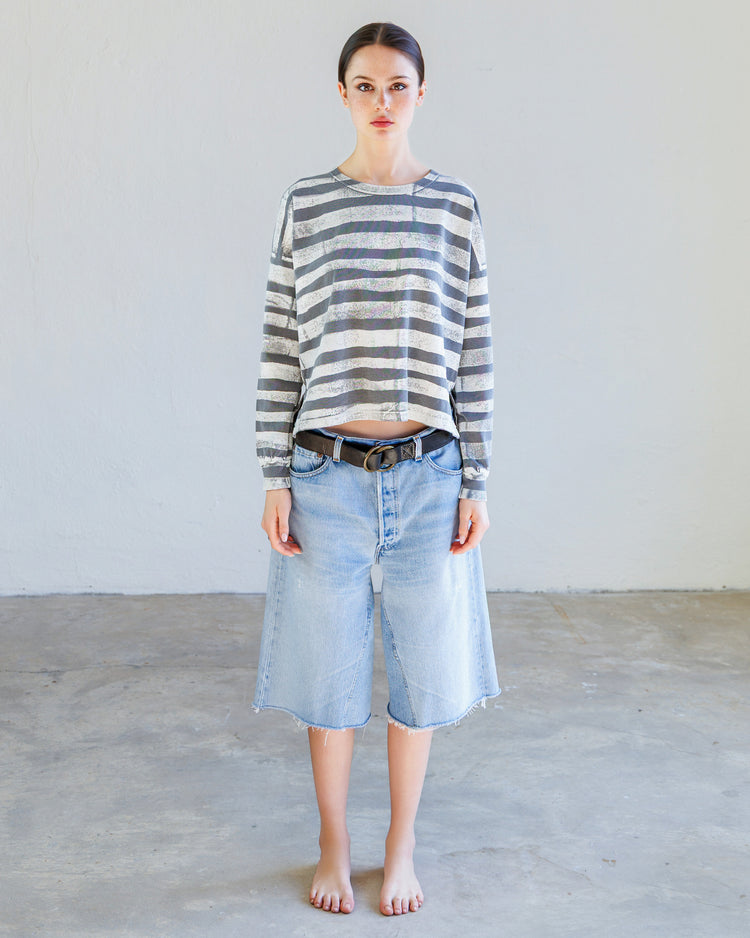 Theo Heavy Jersey Long Sleeve Tee - Pearl Fracture Stripe worn by model with relaxed fit and boxy design.