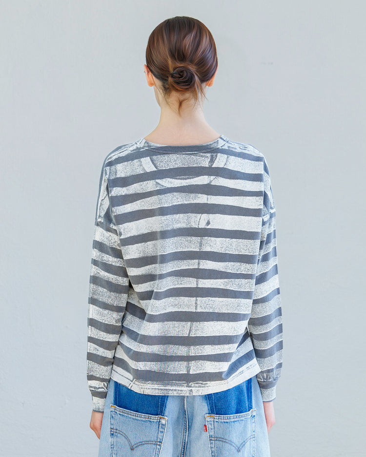 Theo Heavy Jersey Long Sleeve Tee - Pearl Fracture Stripe back view featuring a relaxed fit and broken stripe pattern.