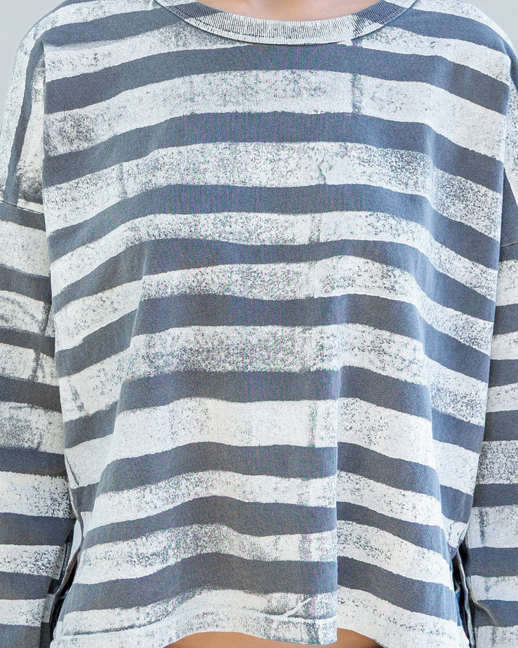 Theo Heavy Jersey Long Sleeve Tee - Pearl Fracture Stripe featuring boxy design and broken stripe pattern in gray and white.