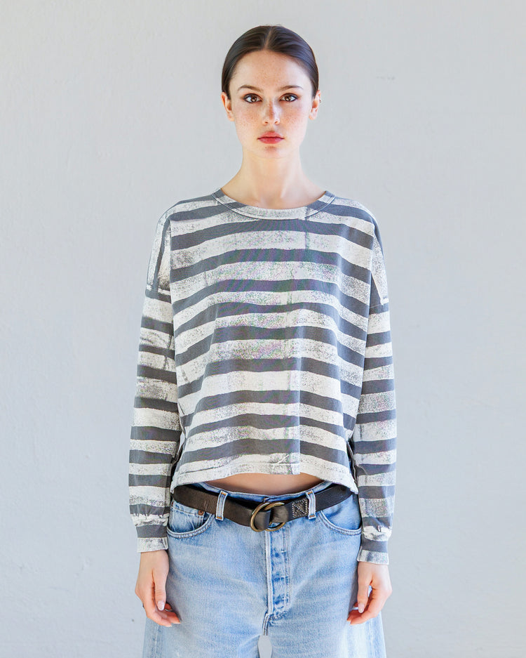 Theo Heavy Jersey Long Sleeve Tee - Pearl Fracture Stripe worn by model, showcasing boxy fit and striped design.
