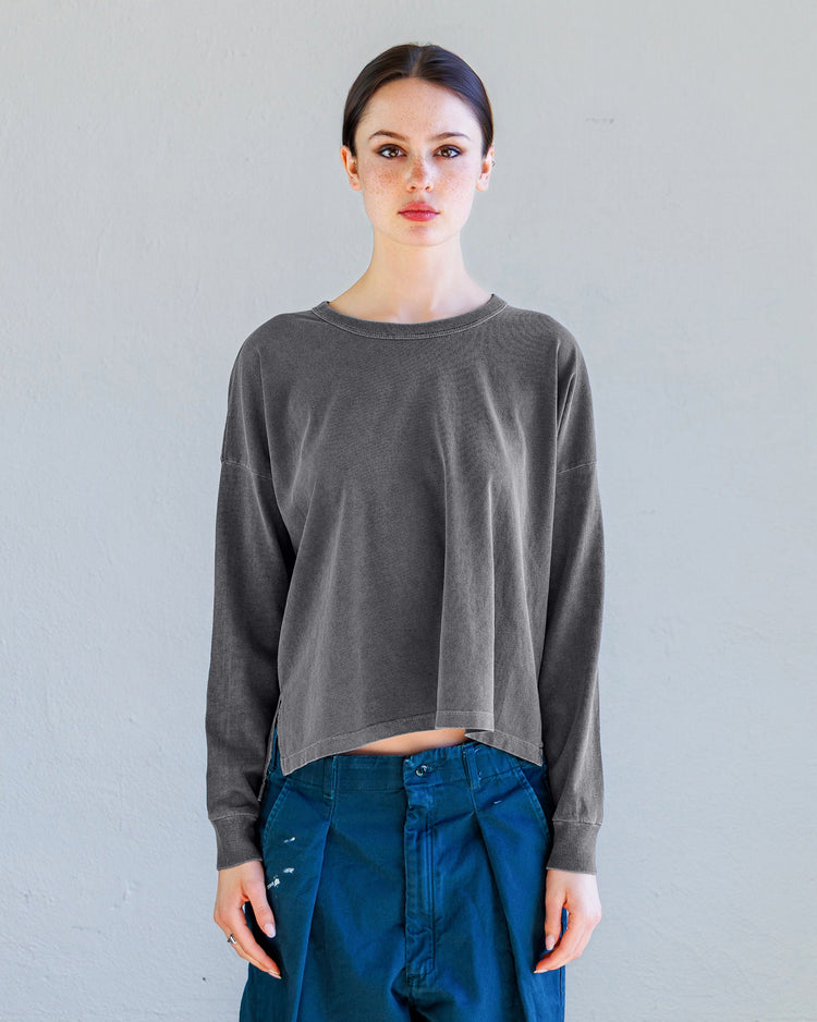 Theo Heavy Jersey Long Sleeve Tee - Aged Black worn by model, showcasing a relaxed fit and vintage-inspired finish.
