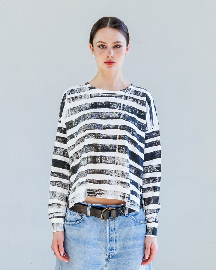 Theo Heavy Jersey Long Sleeve Tee - Black Fracture Stripe worn by model against a neutral background.