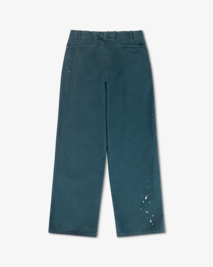 Turner Pleated Twill Unisex Trouser - Teal Workshop back view with custom painted workshop treatment.
