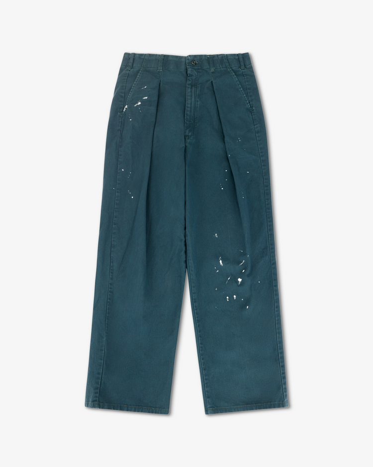 Turner Pleated Twill Unisex Trouser - Teal Workshop with pleats and custom painted details.