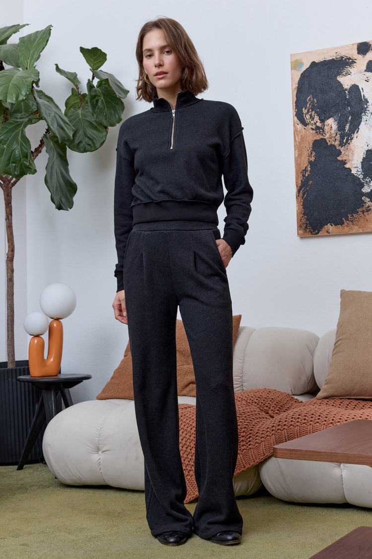 NSF Louis Pleated Wide Leg Cloud Fleece Pant - Black