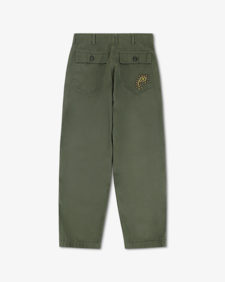 Wells Studded Sateen Women's Baker Pant - Army back view with decorative rhinestones and utilitarian pockets.