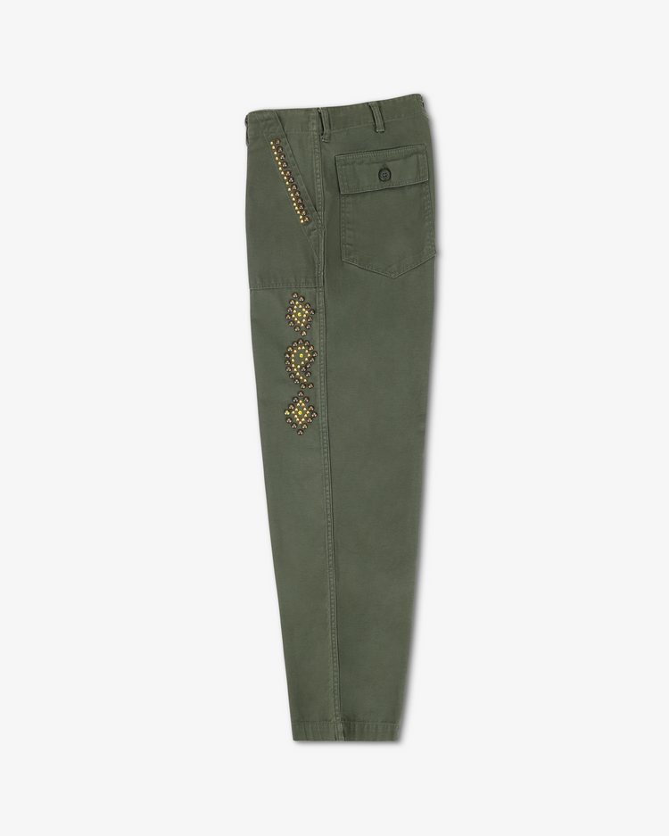 Wells Studded Sateen Women's Baker Pant - Army showcased with dome metal nailheads and rhinestones detailing.