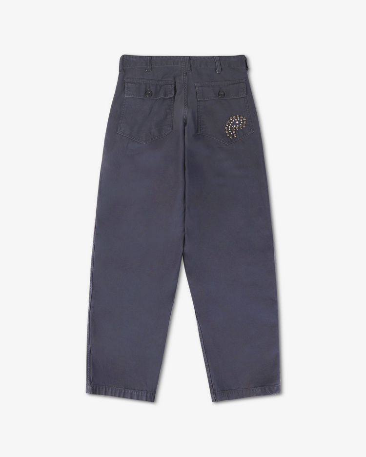 Back side flay lay picture of navy blue workwear pant with studded detail