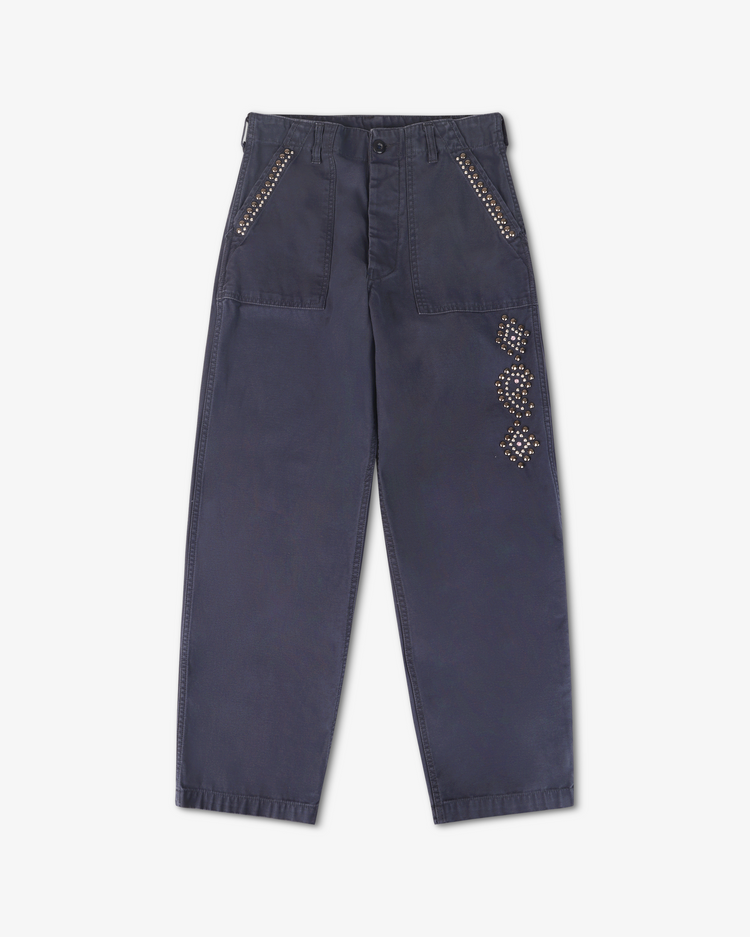 Frontside flay lay picture of navy blue workwear pant with studded detail