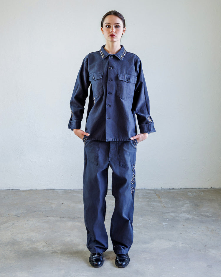 Wells Studded Sateen Women's Baker Pant - Navy worn stylishly with matching shirt, showcasing military-inspired design.