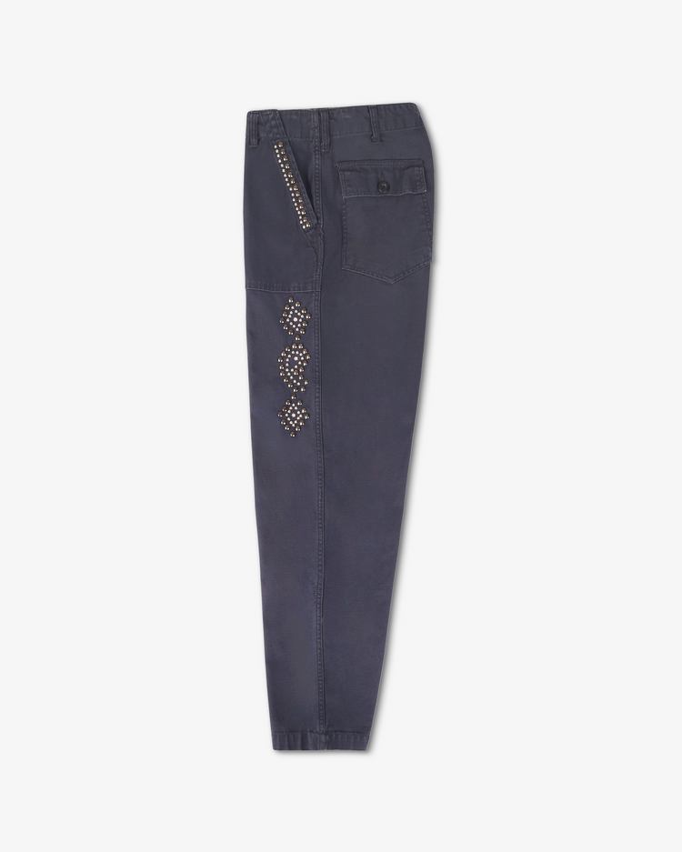 Left side flay lay picture of navy blue workwear pant with studded detail