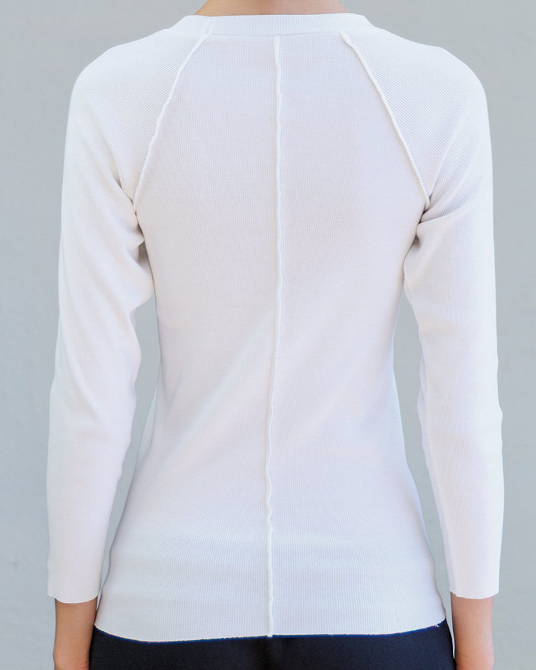 Back view of the Aria Rib Raglan Tee- Pearl, showcasing the slim fit and raglan seam design.