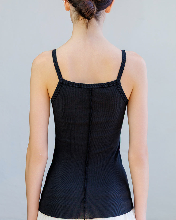 Back view of the NSF Women's Kai Rib Cami Tank - Black, showcasing slim fit and spaghetti straps.