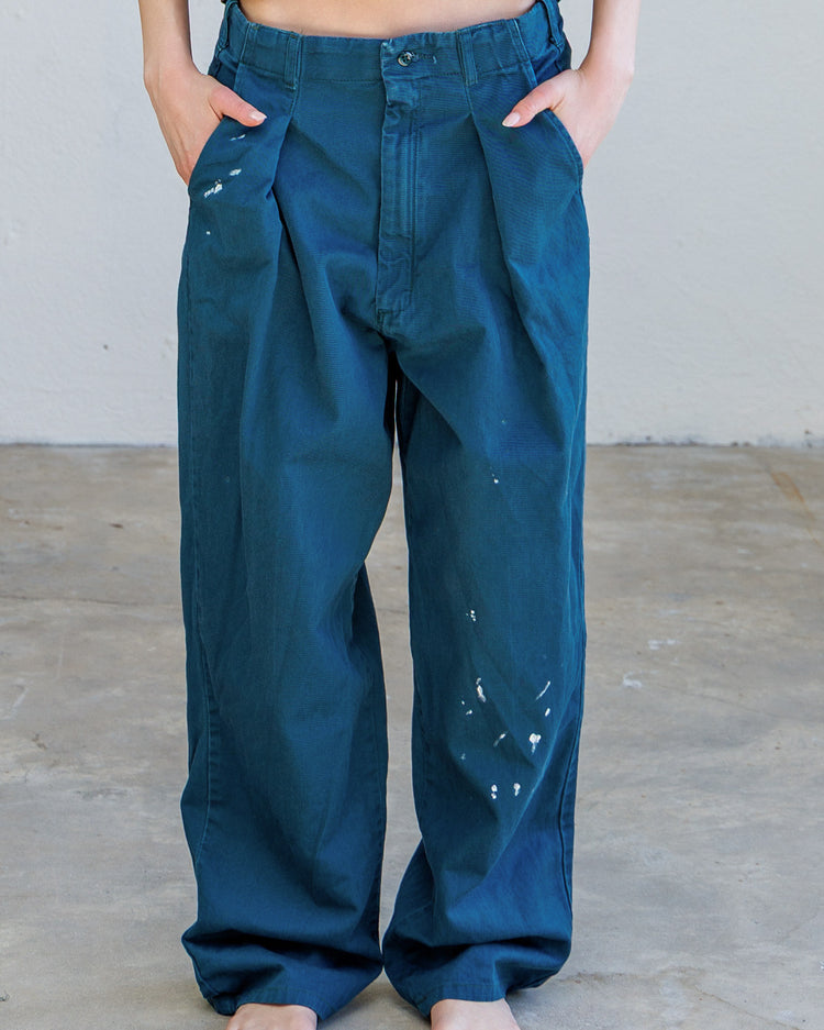 Turner Pleated Twill Unisex Trouser - Teal Workshop featuring relaxed fit and front pleat design.